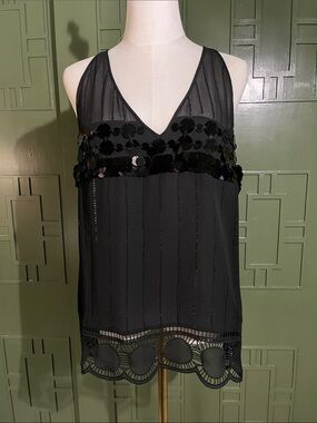 leifsdottir Black Sequined V-Neck Sleeveless Top